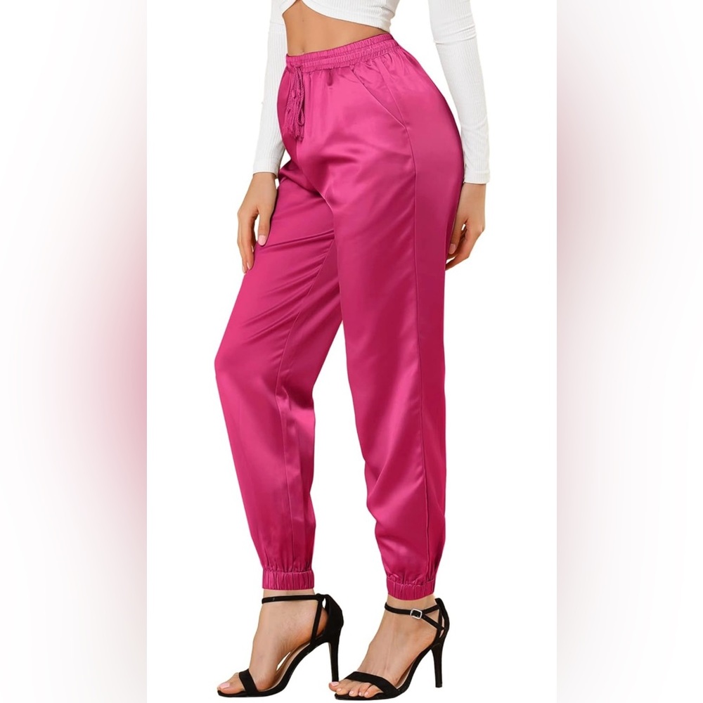 Allegra K Drawstring Elastic Waist, Ankle Length Satin Joggers with Pocket